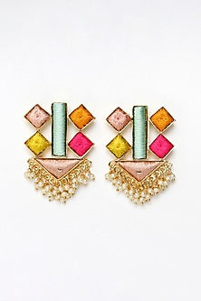 Matte Gold Finish Multi-Colored Embroidered & Pearl Geometrical Stud Earrings