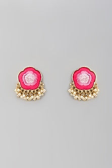 Matte Gold Finish Pink Thread Embroidered Cloud-Shaped Stud Earrings