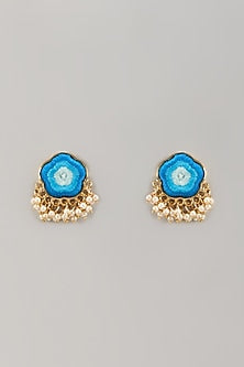 Matte Gold Finish Firozi Thread Embroidered Cloud-Shaped Stud Earrings