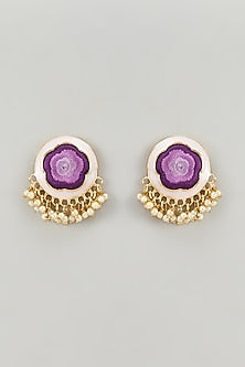 Gold Finish Silk Thread Embroidered & Purple Enameled Stud Earrings