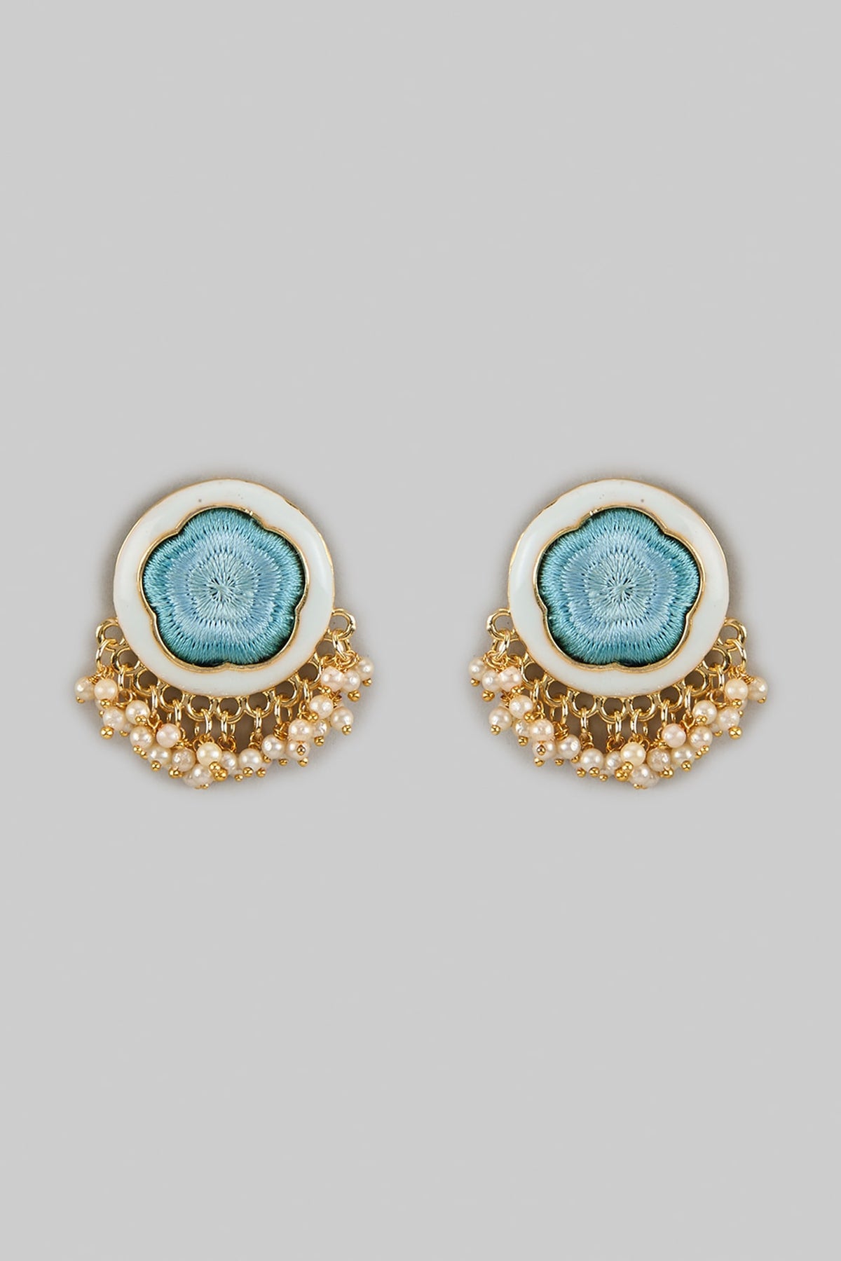 Gold Plated Sky Blue Silk Thread Embroidered Enameled Stud Earrings