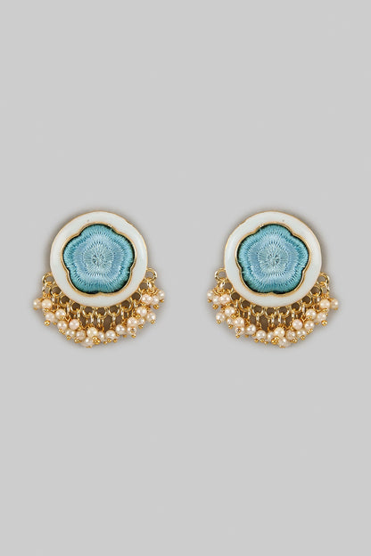 Gold Plated Sky Blue Silk Thread Embroidered Enameled Stud Earrings
