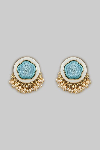 Gold Plated Sky Blue Silk Thread Embroidered Enameled Stud Earrings