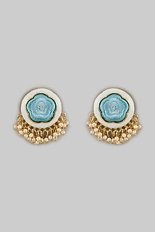 Gold Plated Sky Blue Silk Thread Embroidered Enameled Stud Earrings
