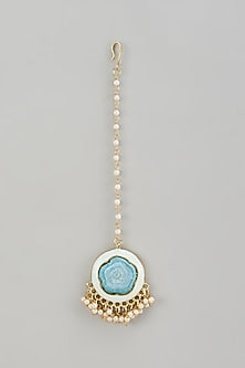 Gold Finish Silk Thread Embroidered & Blue Enameled Maangtikka