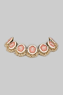 Gold Plated Peach Silk Thread Embroidered Enameled Necklace