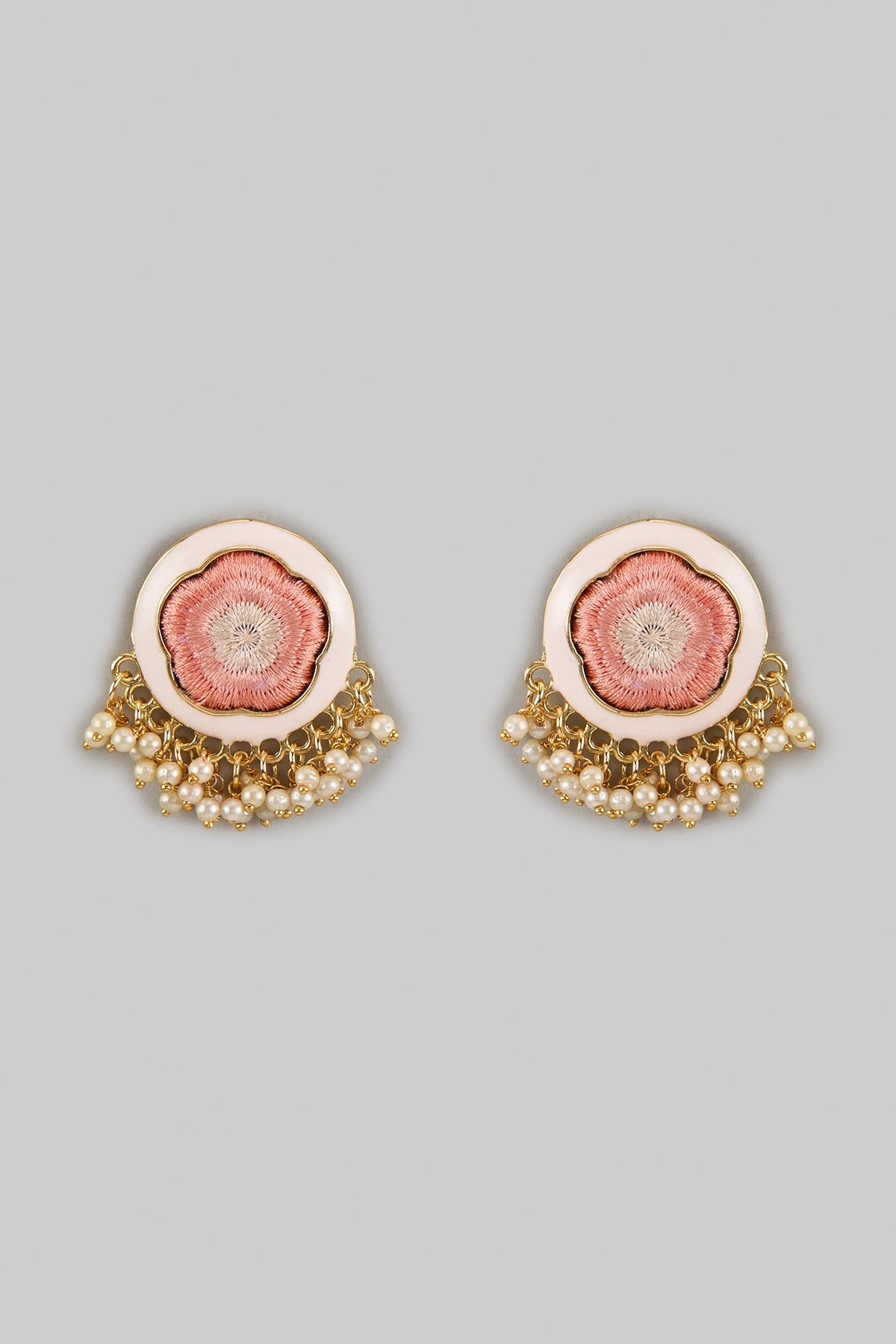 Gold Plated Peach Silk Thread Embroidered Enameled Stud Earrings