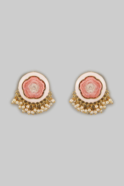 Gold Plated Peach Silk Thread Embroidered Enameled Stud Earrings
