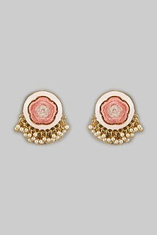 Gold Plated Peach Silk Thread Embroidered Enameled Stud Earrings