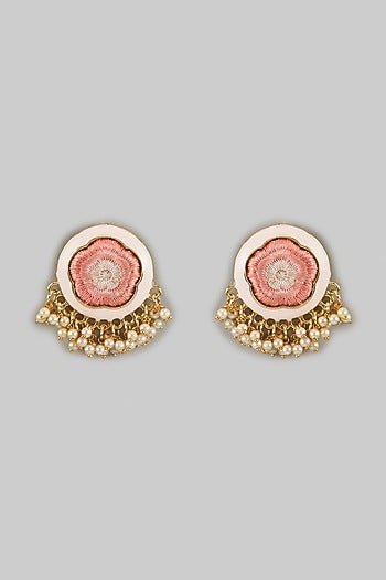 Gold Plated Peach Silk Thread Embroidered Enameled Stud Earrings