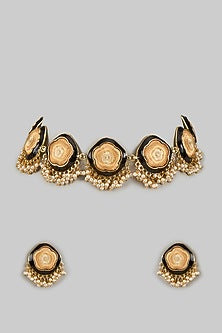 Gold Plated Black Silk Thread Embroidered Enameled Necklace Set
