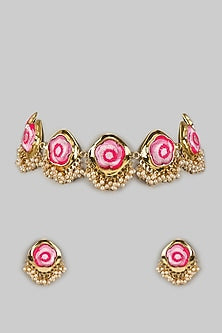 Gold Plated Pink Silk Thread Embroidered Enameled Necklace Set
