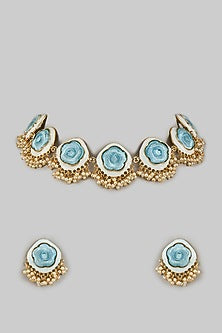 Gold Plated Sky Blue Silk Thread Embroidered Enameled Necklace Set