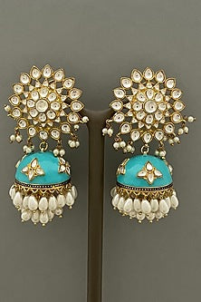 Gold Finish Blue Enameled Jhumka Earrings