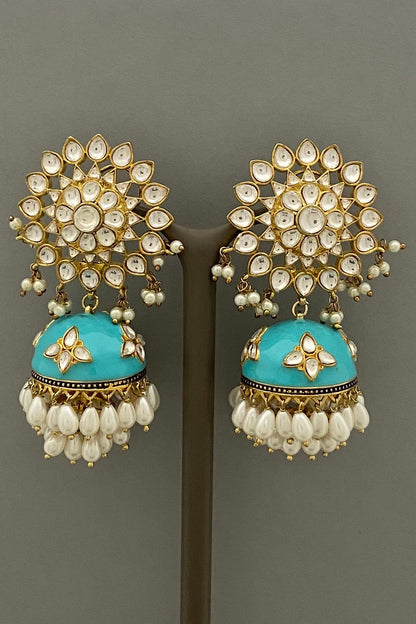 Gold Finish Blue Enameled Jhumka Earrings