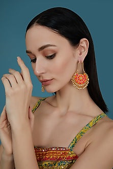 Matte Gold Finish Hot Pink & Yellow Zari Silk Thread Embroidered Chandbali Earrings