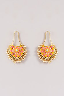 Matte Gold Finish Hot Pink & Yellow Zari Silk Thread Embroidered Chandbali Earrings