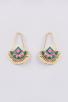 Matte Gold Finish Silk Thread Embroidered & Pearl Chandbali Earrings