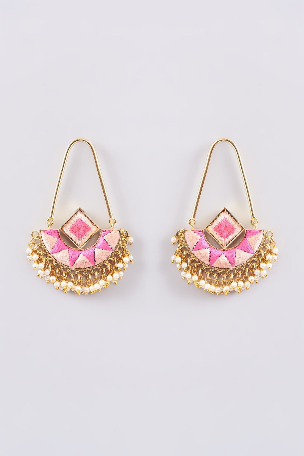 Matte Gold Finish Silk Thread Embroidered & Pearl Chandbali Earrings