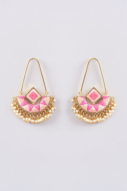 Matte Gold Finish Silk Thread Embroidered & Pearl Chandbali Earrings
