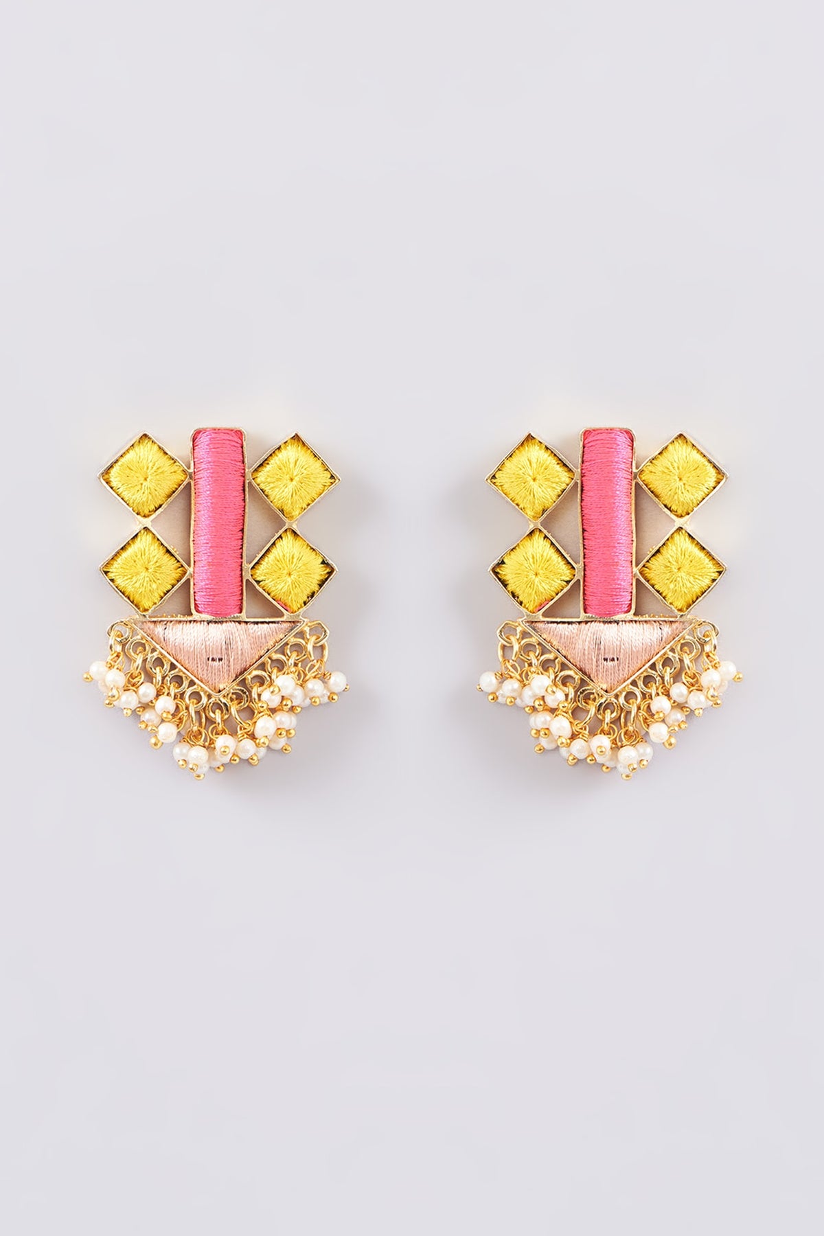 Matte Gold Finish Multi-Colored Silk Thread Embellished & Pearl Stud Earrings