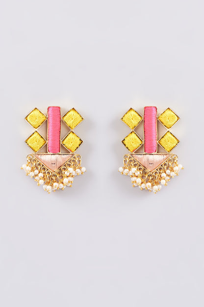 Matte Gold Finish Multi-Colored Silk Thread Embellished & Pearl Stud Earrings