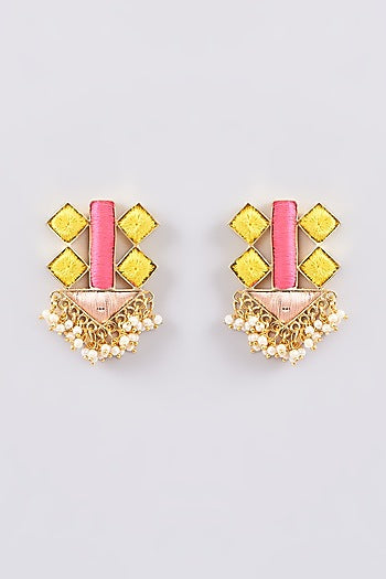 Matte Gold Finish Multi-Colored Silk Thread Embellished & Pearl Stud Earrings