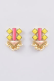 Matte Gold Finish Multi-Colored Silk Thread Embellished & Pearl Stud Earrings