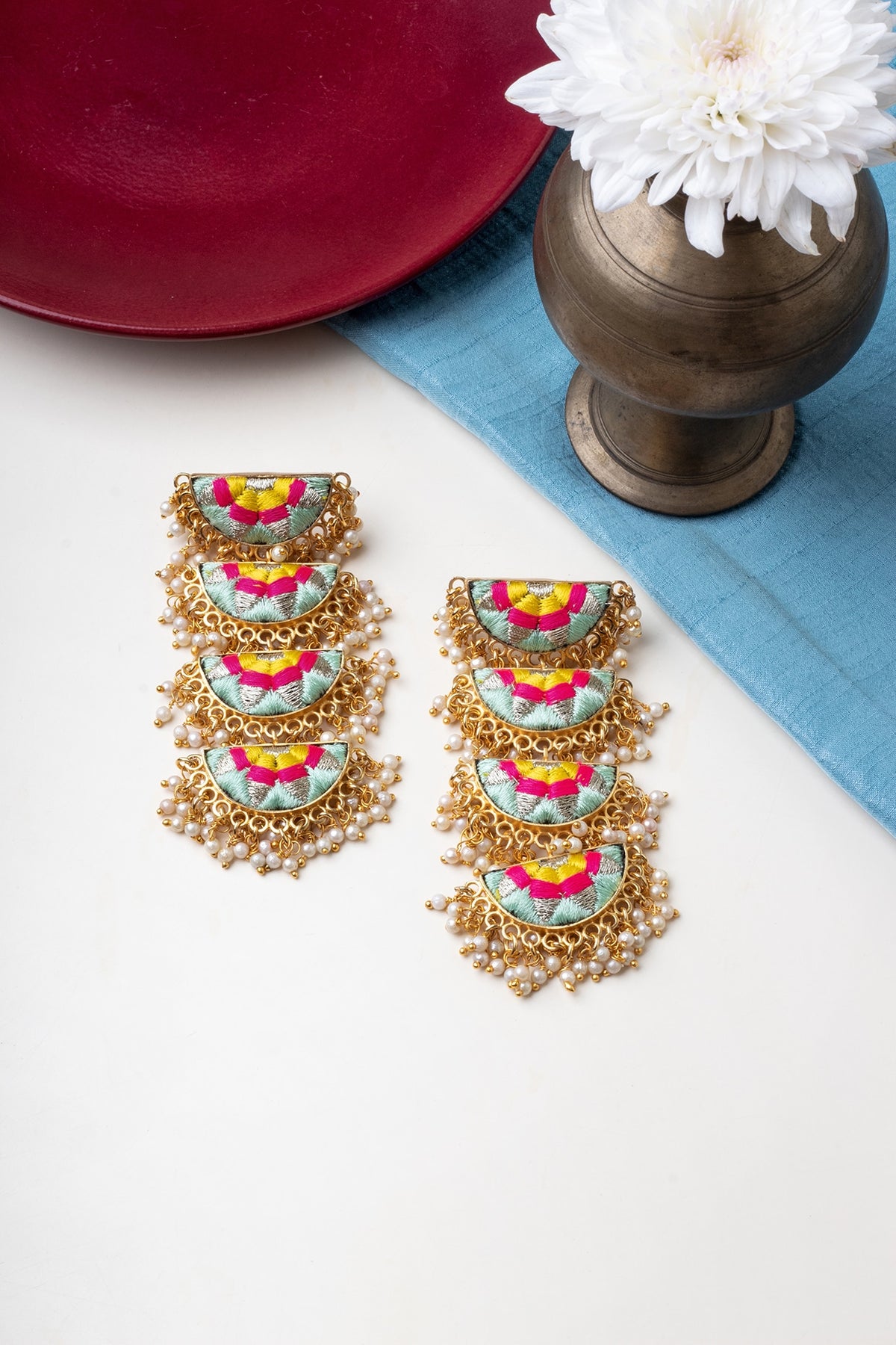 Matte Gold Finish Zari Embroidered & Pearl Tiered Semi-Circular Dangler Earrings
