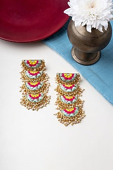 Matte Gold Finish Zari Embroidered & Pearl Tiered Semi-Circular Dangler Earrings