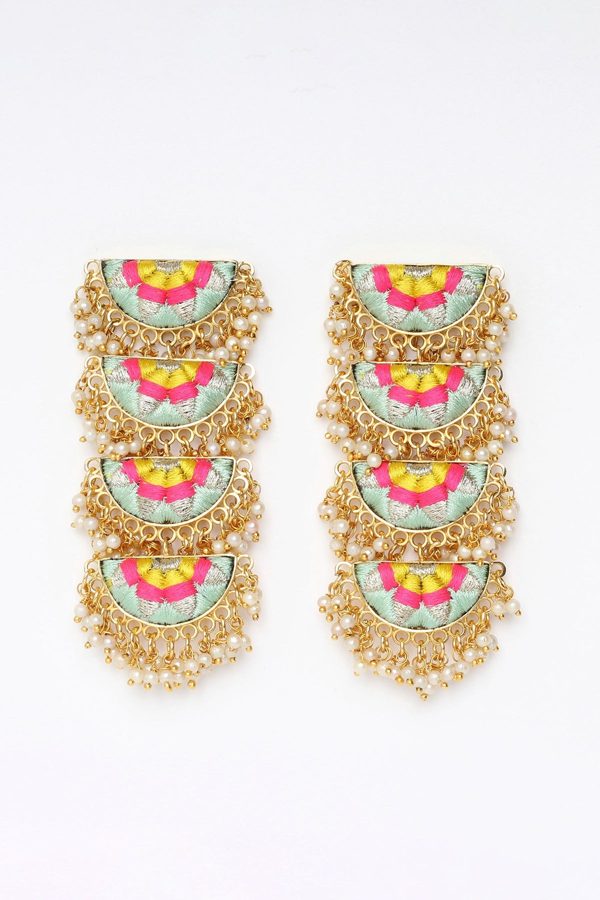 Matte Gold Finish Zari Embroidered & Pearl Tiered Semi-Circular Dangler Earrings