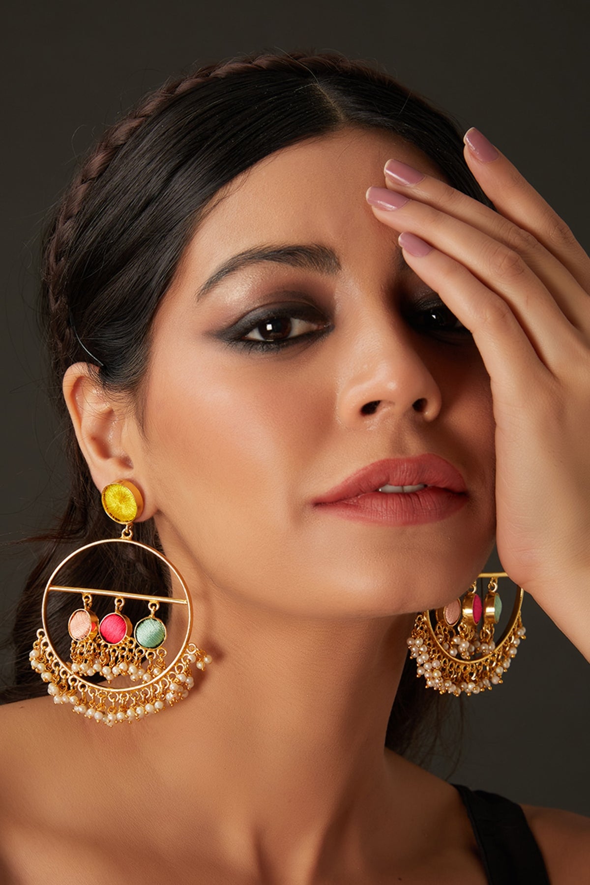 Matte Gold Finish Multi-Colored Silk Thread Embellished & Pearl Dangler Earrings