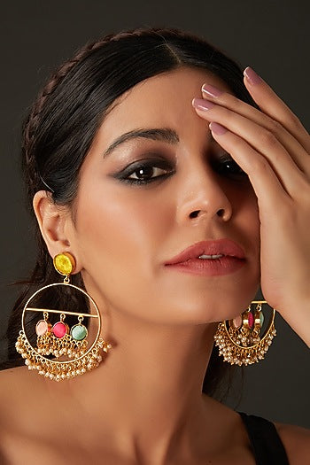 Matte Gold Finish Multi-Colored Silk Thread Embellished & Pearl Dangler Earrings