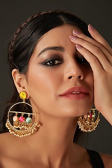 Matte Gold Finish Multi-Colored Silk Thread Embellished & Pearl Dangler Earrings