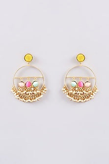 Matte Gold Finish Multi-Colored Silk Thread Embellished & Pearl Dangler Earrings