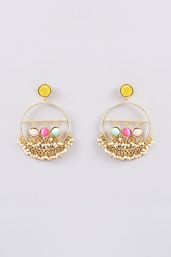 Matte Gold Finish Multi-Colored Silk Thread Embellished & Pearl Dangler Earrings