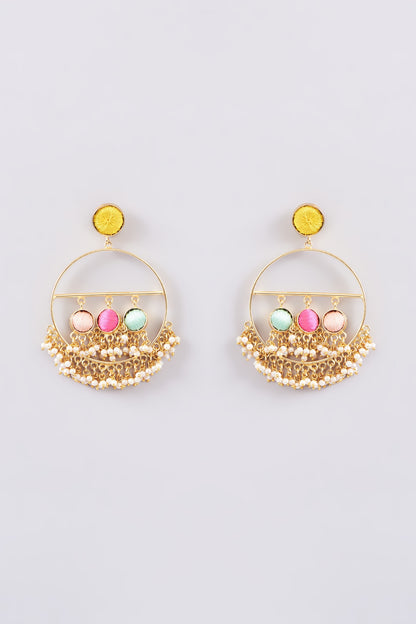 Matte Gold Finish Multi-Colored Silk Thread Embellished & Pearl Dangler Earrings
