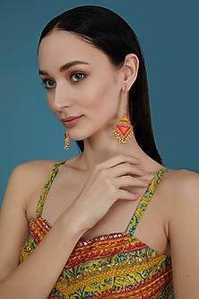 Matte Gold Finish Yellow & Hot Pink Silk Thread Embroidered Triangle Dangler Earrings