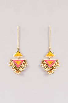 Matte Gold Finish Yellow & Hot Pink Silk Thread Embroidered Triangle Dangler Earrings