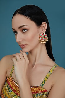 Matte Gold Finish Hot Pink & Green Silk Thread Embroidered Circular Stud Earrings