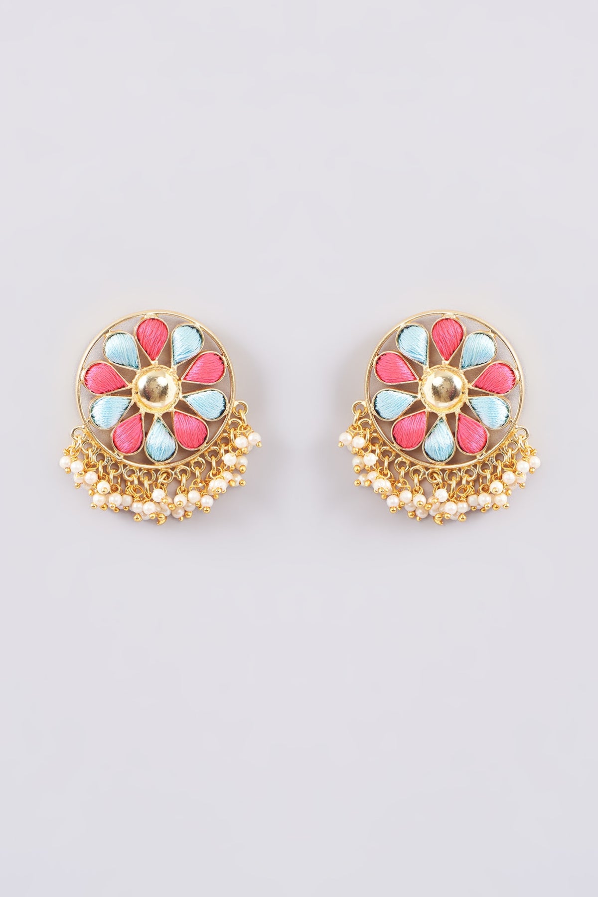Matte Gold Finish Silk Thread Embroidered & Pearl Stud Earrings