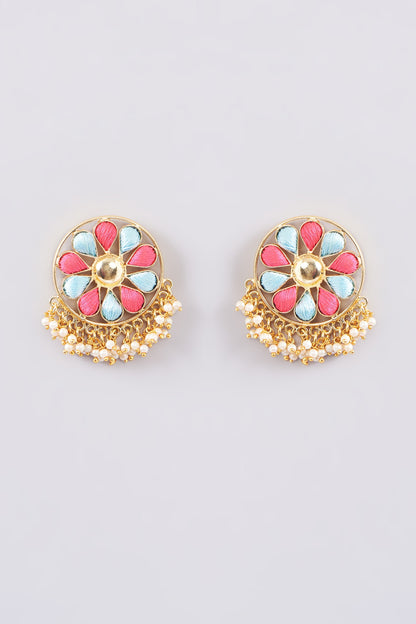 Matte Gold Finish Silk Thread Embroidered & Pearl Stud Earrings