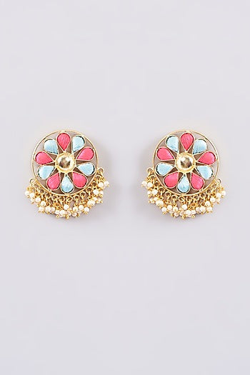Matte Gold Finish Silk Thread Embroidered & Pearl Stud Earrings