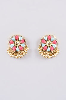 Matte Gold Finish Silk Thread Embroidered & Pearl Stud Earrings