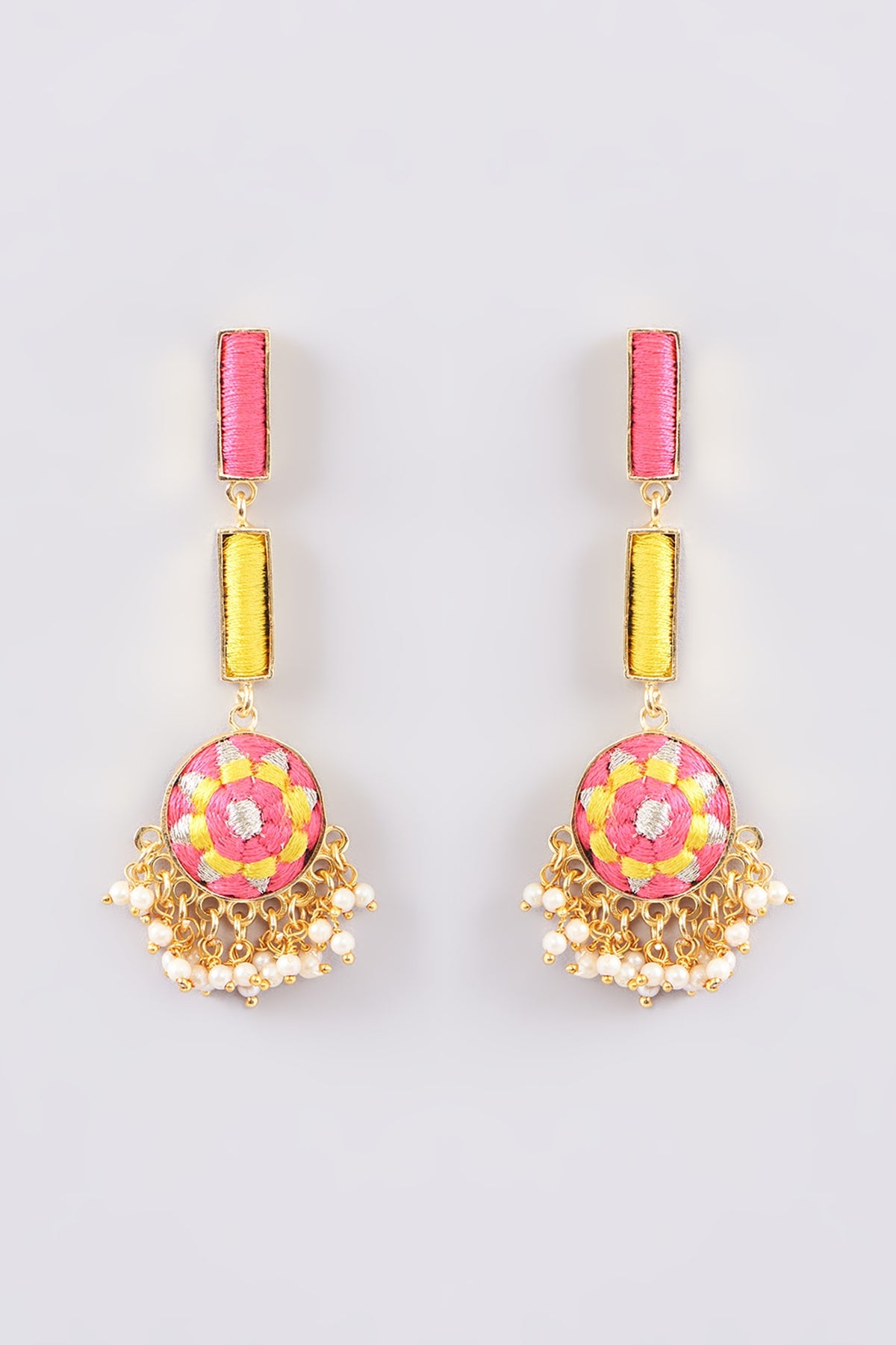 Matte Gold Finish Multi-Colored Silk Thread Embellished & Pearl Dangler Earrings