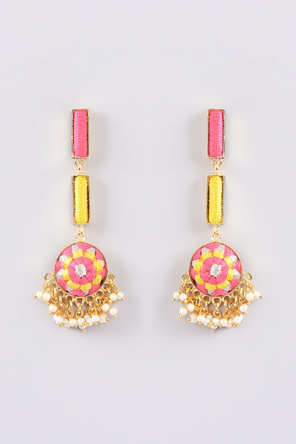 Matte Gold Finish Multi-Colored Silk Thread Embellished & Pearl Dangler Earrings