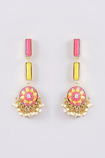 Matte Gold Finish Multi-Colored Silk Thread Embellished & Pearl Dangler Earrings