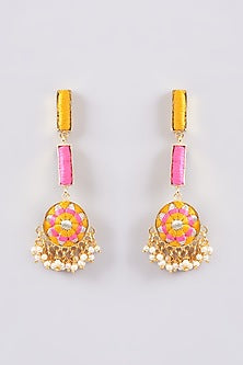 Matte Gold Finish Multi-Colored Silk Thread Embellished & Pearl Dangler Earrings