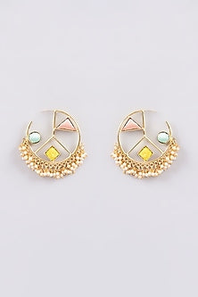 Matte Gold Finish Multi-Colored Thread Embroidered & Pearl Hoop Earrings