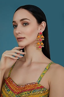Matte Gold Finish Pink & Yellow Silk Thread Embroidered Triangle Layered Dangler Earrings